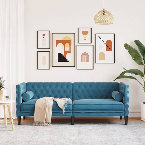 Chesterfield-Stijl Met Bolsters Fluweel Blauw Driezitsbank