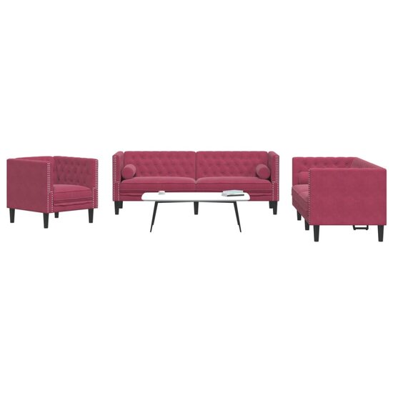 3-Delige Loungeset Chesterfield Met Bolsters Fluweel Wijnrood