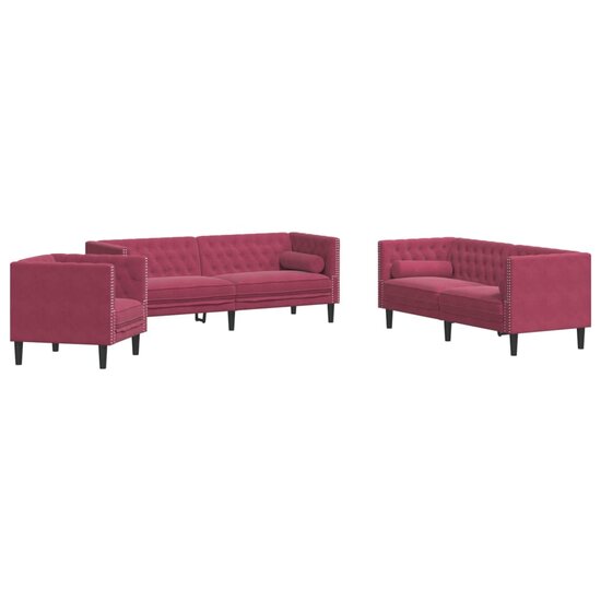 3-Delige Loungeset Chesterfield Met Bolsters Fluweel Wijnrood