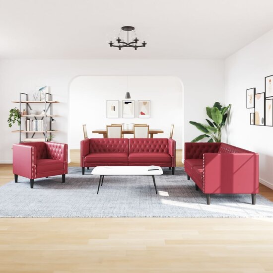 3-Delige Loungeset Chesterfield Met Bolsters Fluweel Wijnrood