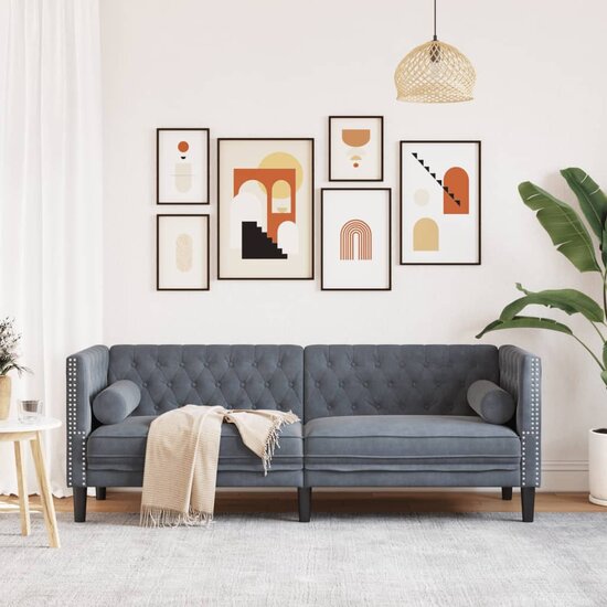 Chesterfield-Stijl En Bolsters Fluweel Donkergrijs Driezitsbank