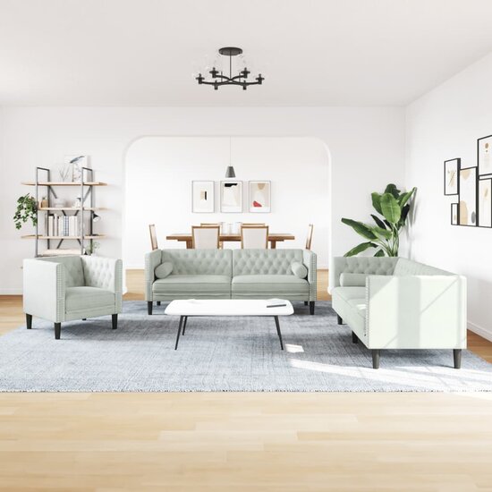 3-Delige Loungeset Chesterfield Met Bolsters Fluweel Lichtgrijs
