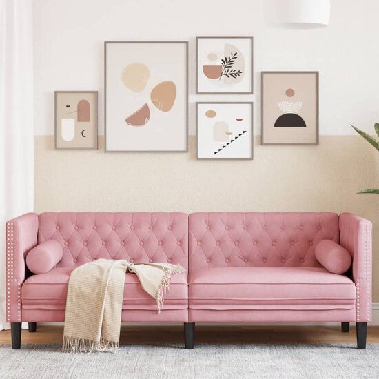 Chesterfield-Stijl Met Bolsters Fluweel Roze Driezitsbank