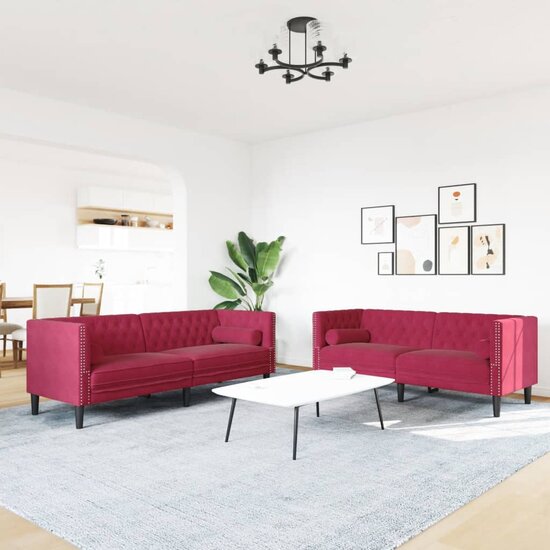 2-Delige Loungeset Chesterfield Met Bolsters Fluweel Wijnrood