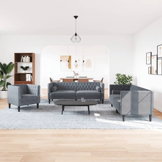 3-delige Loungeset Chesterfield en bolsters fluweel donkergrijs