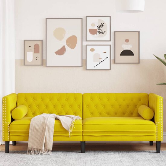 Chesterfield-Stijl Met Bolsters Fluweel Geel Driezitsbank
