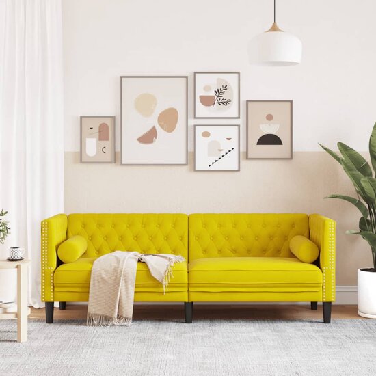 Chesterfield-Stijl Met Bolsters Fluweel Geel Driezitsbank