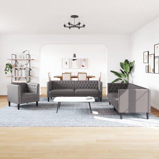 3-Delige Loungeset Chesterfield-Stijl Kunstleer Grijs