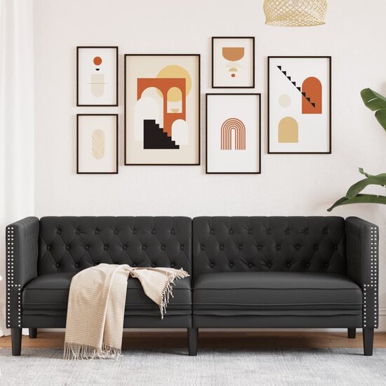 Chesterfield-Stijl Kunstleer Zwart Driezitsbank