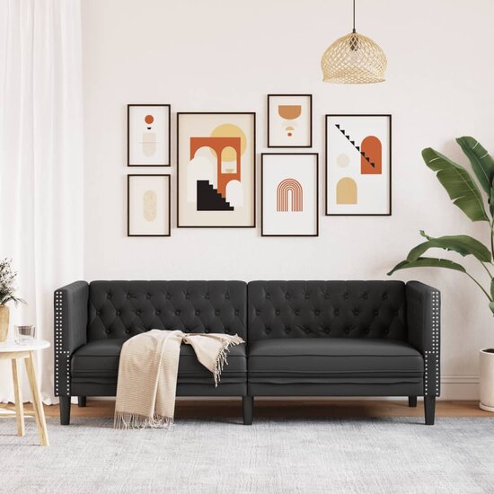 Chesterfield-Stijl Kunstleer Zwart Driezitsbank