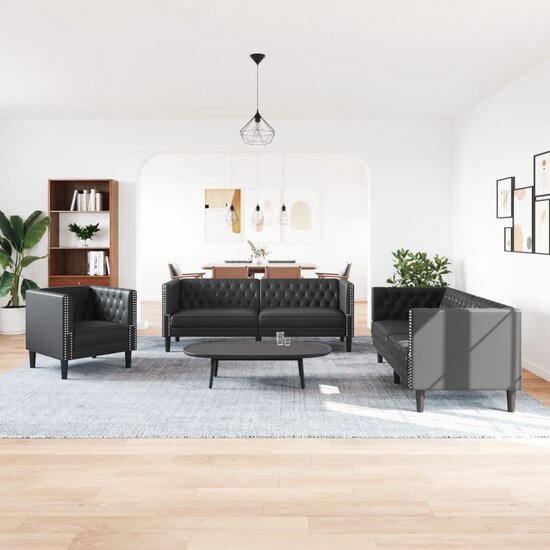 3-Delige Loungeset Chesterfield-Stijl Kunstleer Zwart
