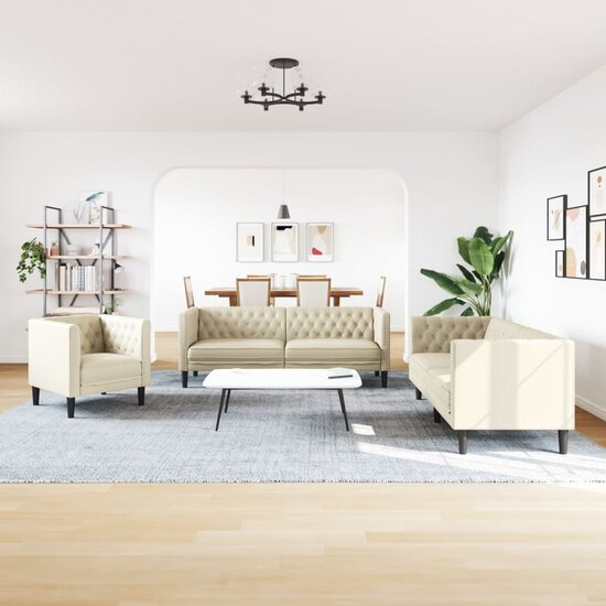 3-delige Loungeset Chesterfield-stijl kunstleer cr&egrave;mekleurig