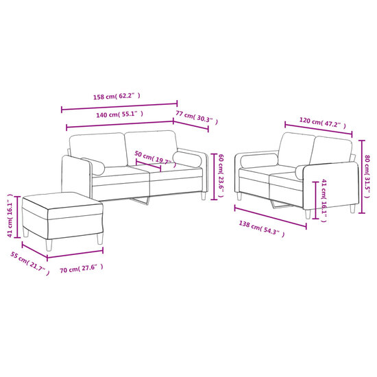 3-Delige Loungeset Met Kussens Fluweel Kleurig Cr&egrave;me