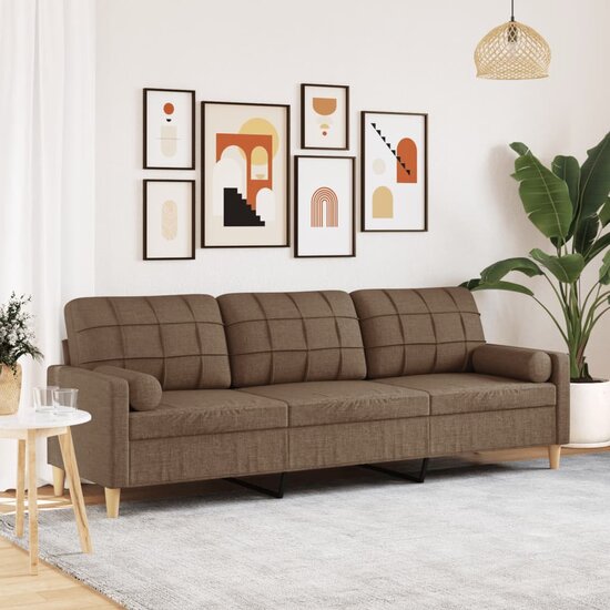 Driezitsbank met sierkussens 210 cm stof bruin