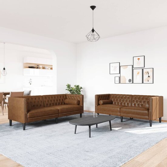 2-Delige Loungeset Chesterfield Met Bolsters Kunstsu&egrave;de Bruin