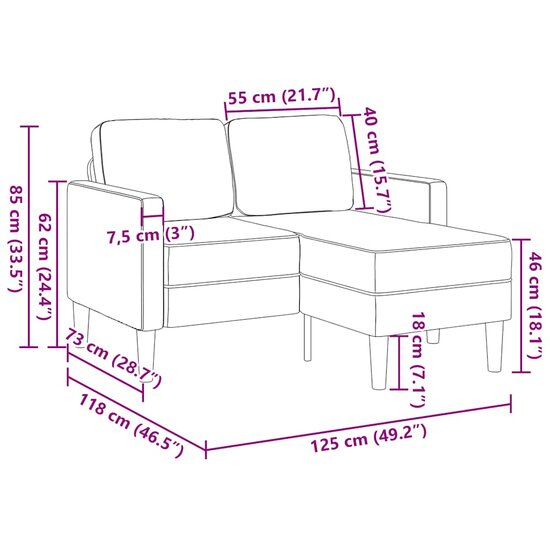 2-Zitsbank Met Ligstoel L-Vormig 125 Cm Stof Donkergrijs