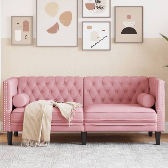Chesterfield-Stijl En Bolsters Fluweel Roze Tweezitsbank