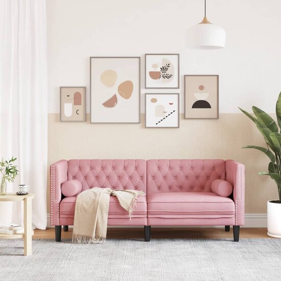 Chesterfield-Stijl En Bolsters Fluweel Roze Tweezitsbank