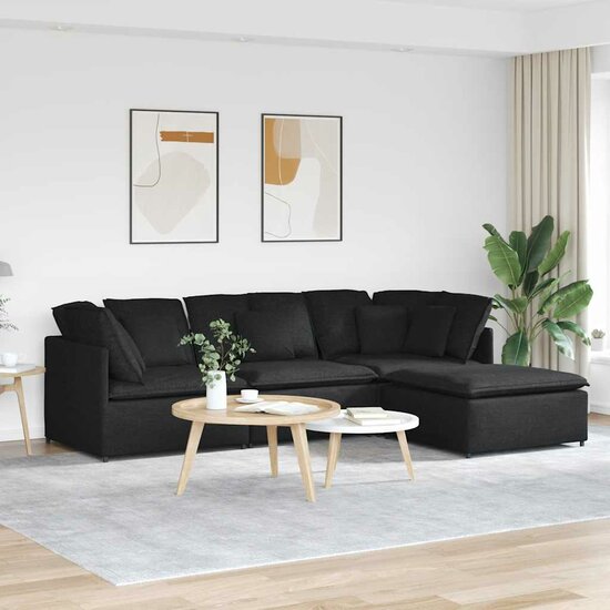 Modulaire Bank Met Voetenbank En Kussens Stof Zwart