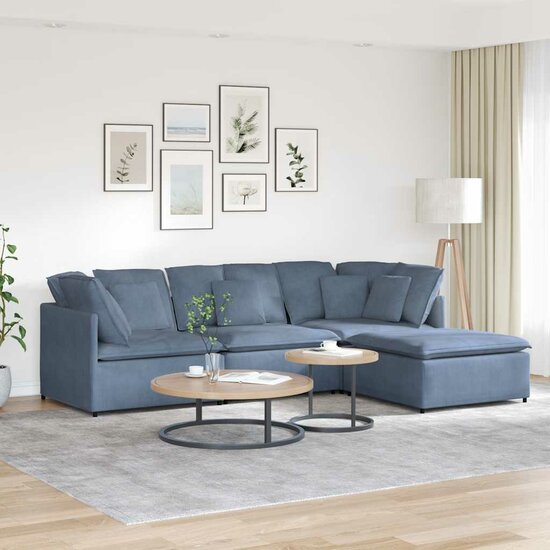 Modulaire Bank Met Voetenbank En Kussens Corduroy Stof Blauw