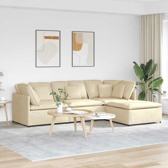Modulaire Bank Met Voetenbank En Kussens Stof Kleurig Cr&egrave;me
