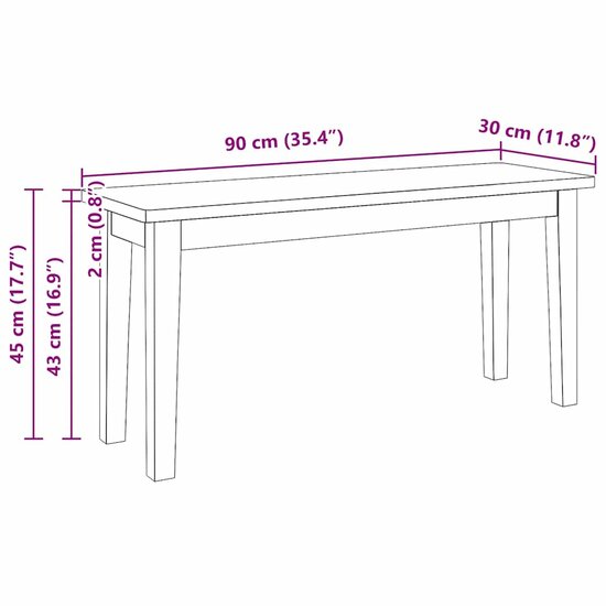 Bank 90 Cm Massief Hout Rubber wit en naturel