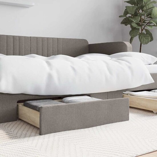 Bedlades 2 st bewerkt hout en stof taupe