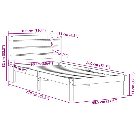 Bedframe Met Hoofdbord Massief Grenenhout 90 x 200 cm Wasbruin