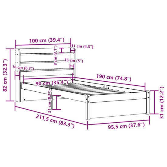 Bedframe Met Hoofdbord Massief Grenenhout 90 x 190 cm Bruin