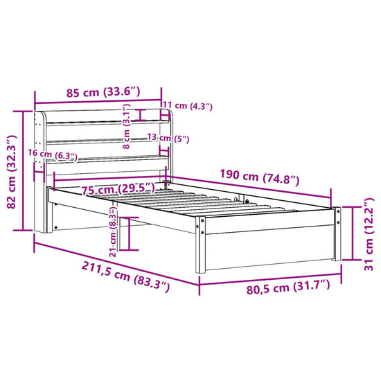 Bedframe Met Hoofdbord Massief Grenenhout 75 x 190 cm Bruin