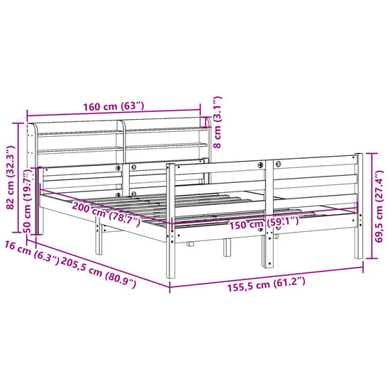 Bedframe Met Hoofdbord Massief Grenenhout 150 x 200 cm Bruin