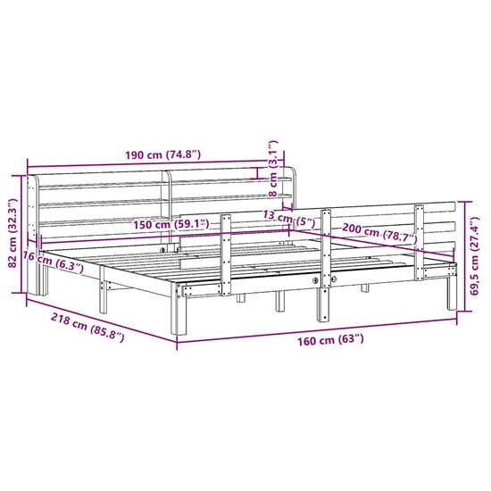 Bedframe Met Hoofdbord Massief Grenenhout 150 x 200 cm Wasbruin