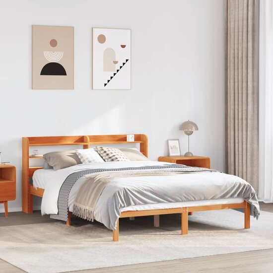 Bedframe Met Hoofdbord Massief Grenenhout 135 x 190 cm Wasbruin