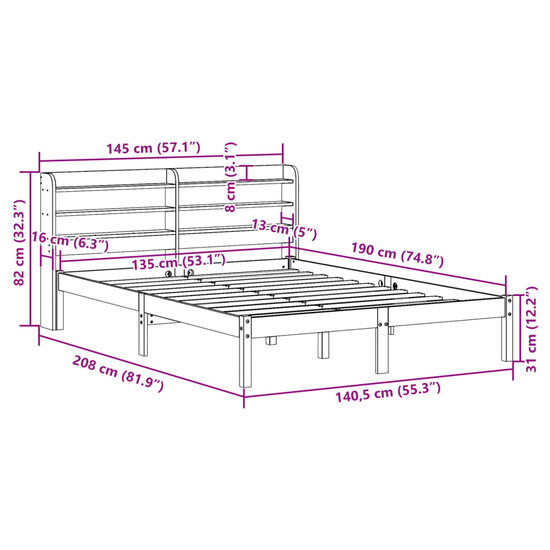 Bedframe Met Hoofdbord Massief Grenenhout 135 x 190 cm Wasbruin