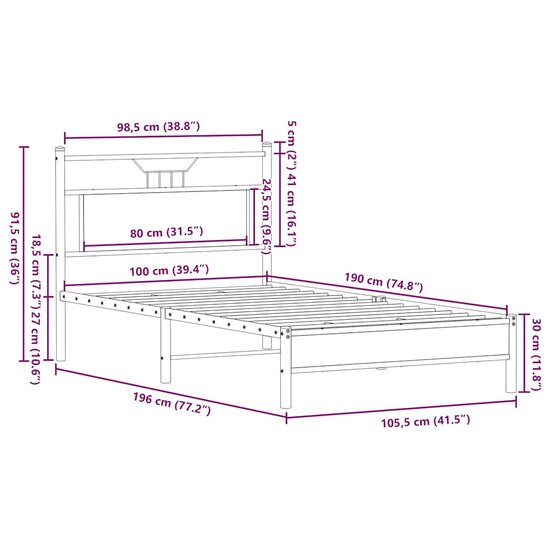Bedframe Zonder Matras Hout Kleurig 100 x 190 cm Sonoma eiken