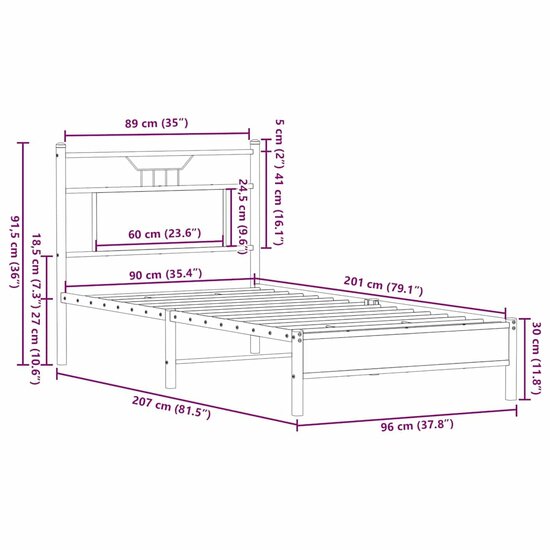 Bedframe Zonder Matras Hout Kleurig 90 x 200 cm Gerookt eiken