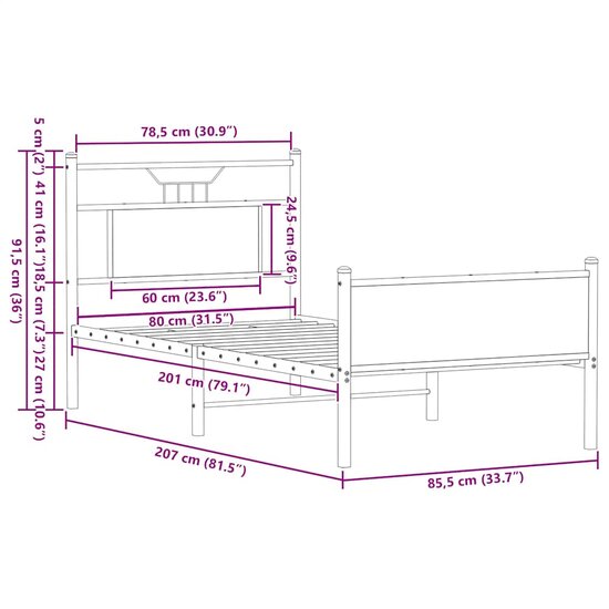 Bedframe Zonder Matras Hout Kleurig 80 x 200 cm Sonoma eiken