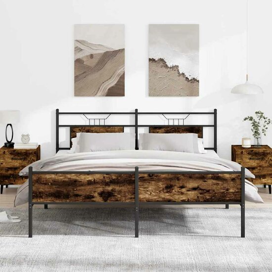 Bedframe Zonder Matras Metaal Kleurig 183 x 213 cm Gerookt eiken