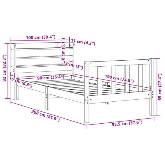 Bedframe Met Hoofdbord Massief Grenenhout 90 x 190 cm Wasbruin
