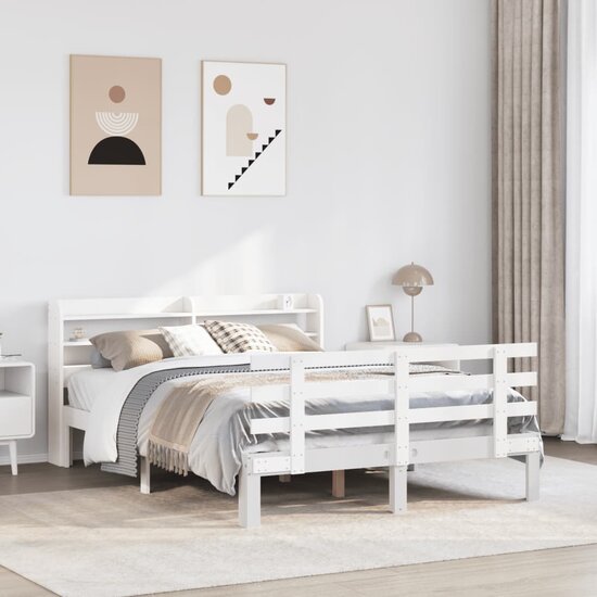 Bedframe Met Hoofdbord Massief Grenenhout 150 x 200 cm Wit