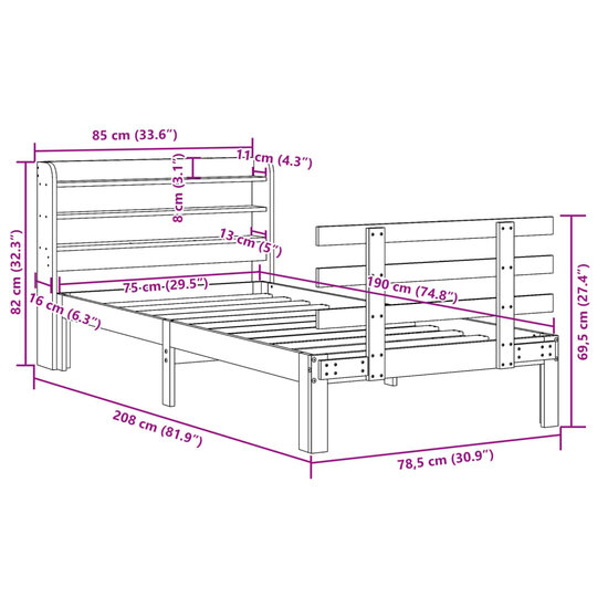 Bedframe Met Hoofdbord Massief Grenenhout 75 x 190 cm Wasbruin