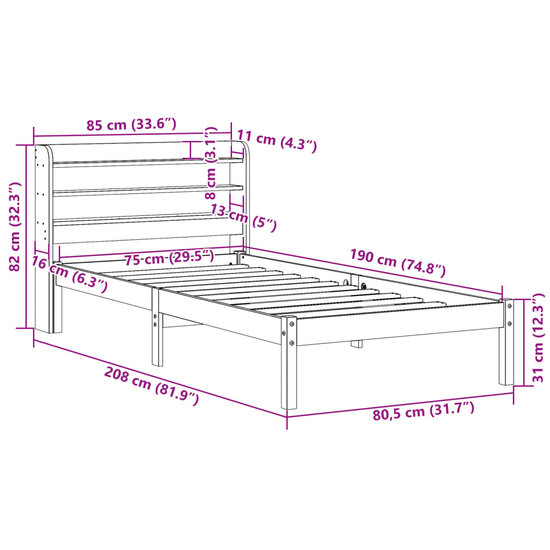 Bedframe Met Hoofdbord Massief Grenenhout 75 x 190 cm Wasbruin