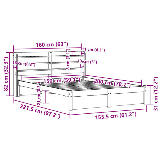 Bedframe Met Hoofdbord Massief Grenenhout 150 x 200 cm Bruin
