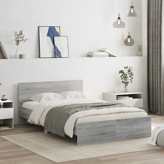 Bedframe Met Hoofdeinde En Led Eiken 120 x 200 cm Grijs sonoma