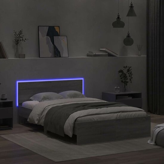 Bedframe Met Hoofdeinde En Led Eiken 140 x 190 cm Grijs sonoma