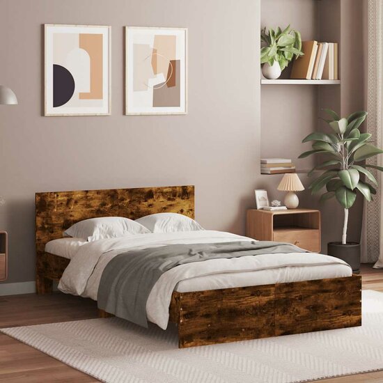 Bedframe Met Hoofdeinde En Led Kleurig 135 x 190 cm Gerookt eiken