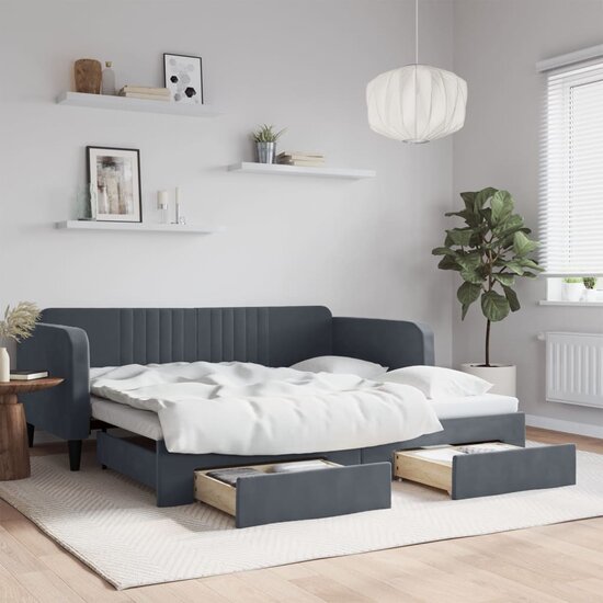 Slaapbank onderschuifbed en lades 90x190 cm fluweel donkergrijs