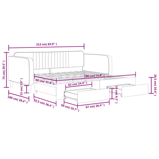 Slaapbank onderschuifbed en lades 90x190 cm fluweel donkergrijs