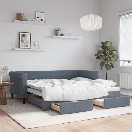 Slaapbank Onderschuifbed En Lades Fluweel 90 x 190 cm Donkergrijs