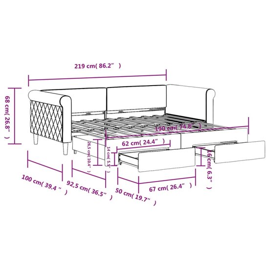 Slaapbank Onderschuifbed En Lades Fluweel 90 x 190 cm Donkergrijs